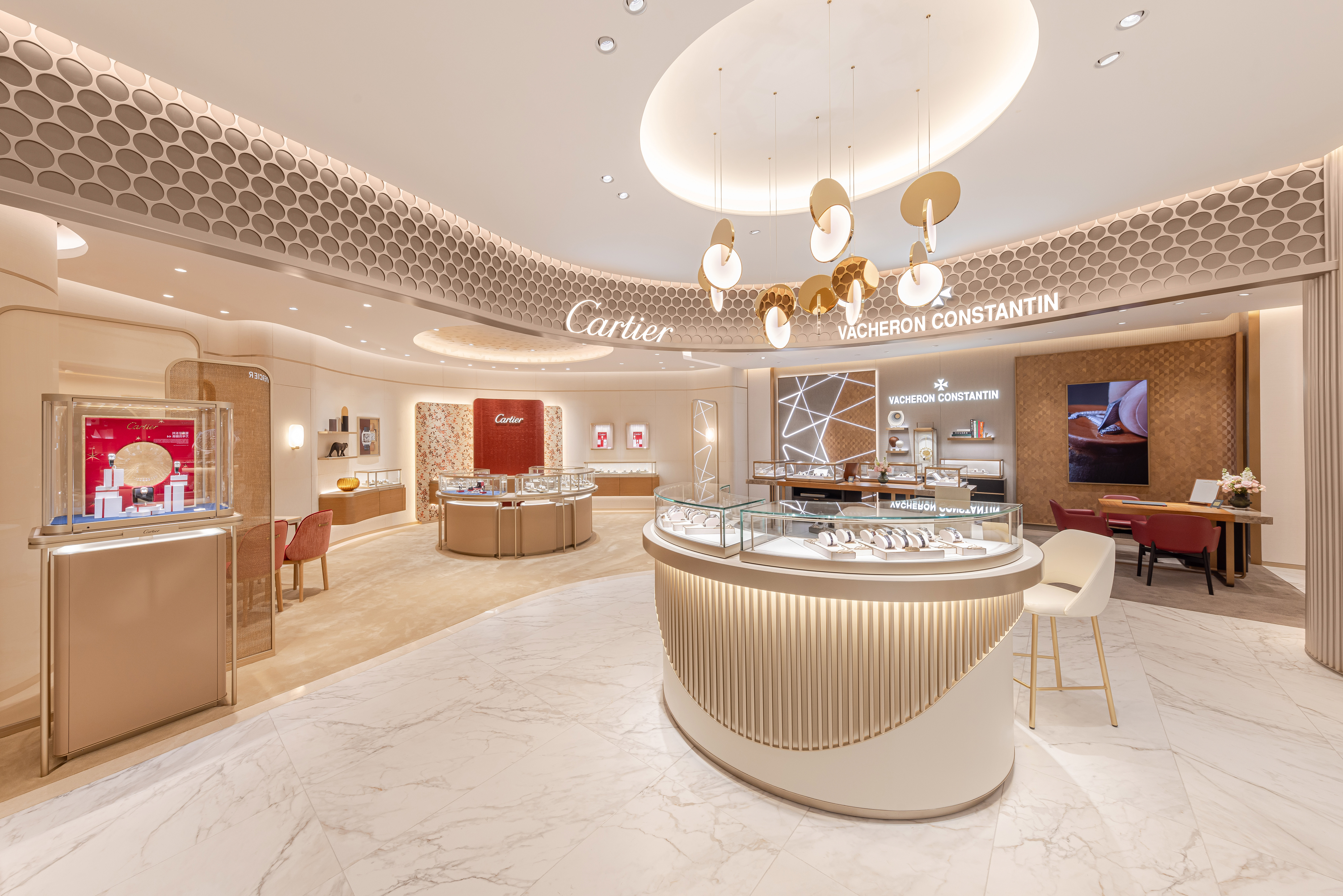 a store with a round counter and a display case
