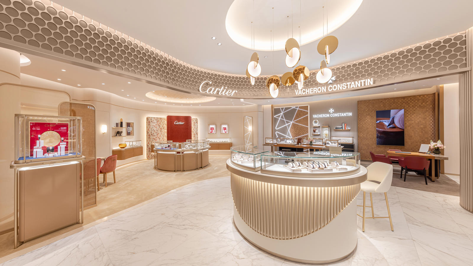 a store with a round counter and a display case